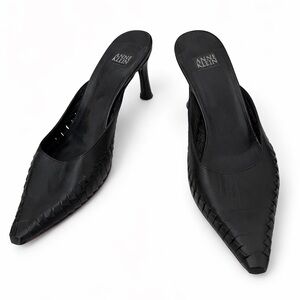 Anne Klein Black Woven Pointed-Toe Mule Heels